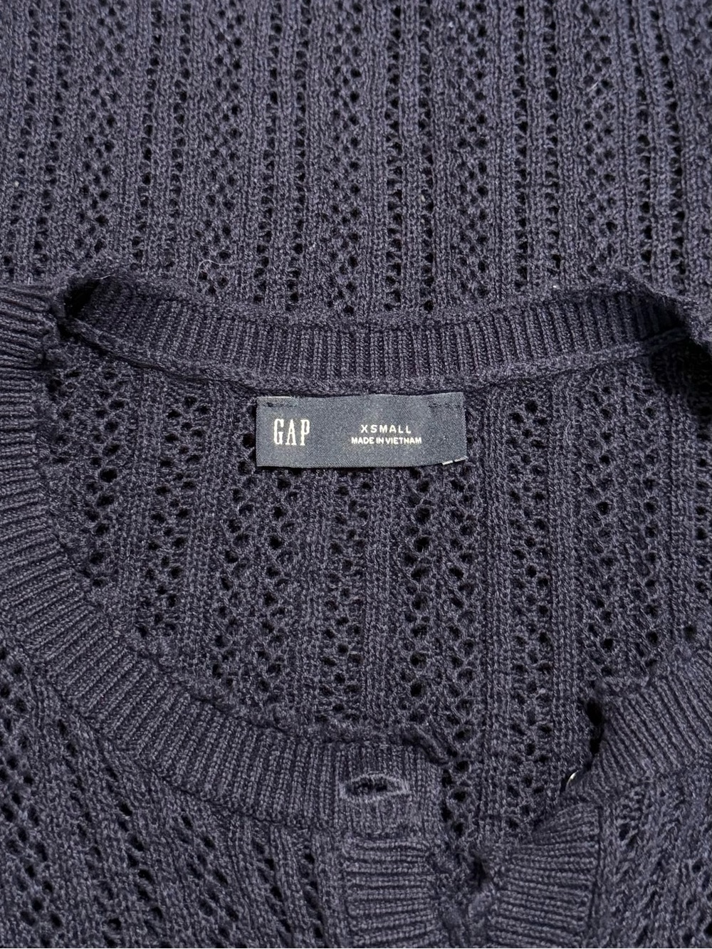 GAP Cardigan Women XS Navy Blue Linen Blend Pointelle Knit Button Front - Picture 4 of 5